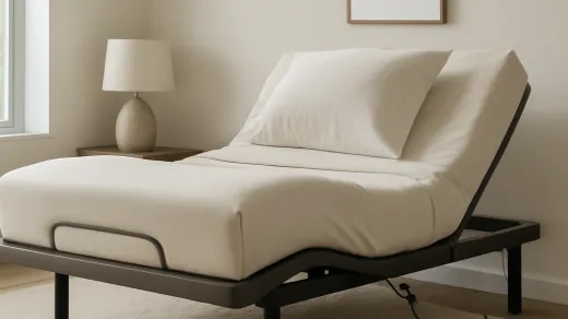 photorealistic modern bedroom with an adjustable bed raised at the head, white bedding, a lamp on a wooden nightstand, and a visible power cord near the frame
