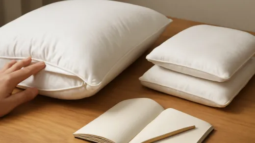 photorealistic tabletop scene with white adjustable pillows, a hand pressing one pillow, an open notebook, and a pencil