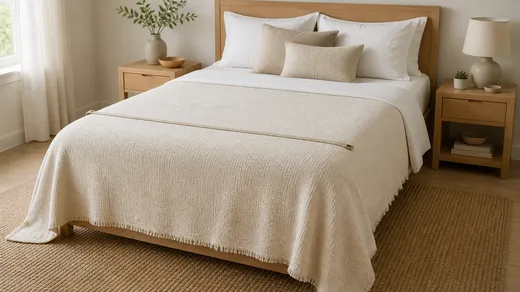 A cream blanket drapes over both sides and the foot of a neatly made bed, with an unmarked tape measure laid across the mattress.