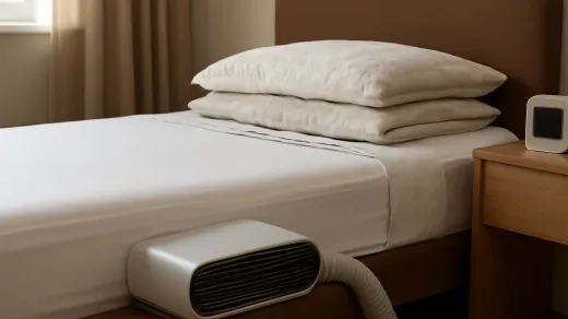 photorealistic bedroom scene with a low-profile bed fan, a thin cooling mattress layer, folded sheets, and a bedside temperature sensor