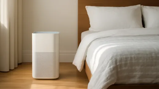 photorealistic quiet bedroom with a compact unbranded air purifier beside a neatly made bed, clear floor space, and soft daylight