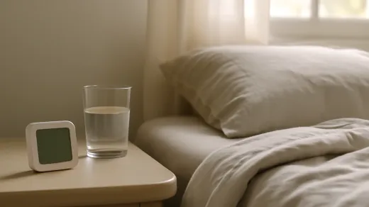 photorealistic bedroom nightstand with an unbranded digital humidity monitor beside a glass of water, linen bedding, and soft morning light