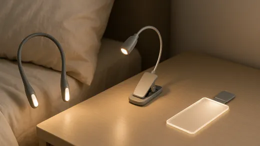 three plain unbranded personal reading lights on neutral bedding and a simple bedside surface