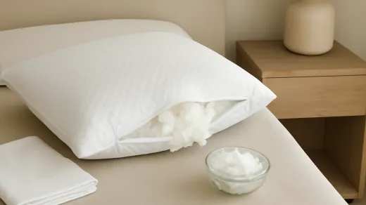 photorealistic nightstand and bed scene with an open adjustable pillow, loose fill in a small cup, a pillow protector, and clean bedding
