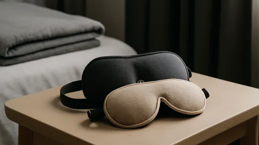 photorealistic bedside table with two contoured sleep masks, a folded travel blanket, and dark curtains
