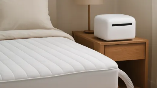 photorealistic bedroom with a quilted cooling mattress topper on the bed, a visible ribbed hose protruding from the side, and a compact bedside climate device
