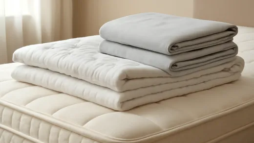 photorealistic bed with a quilted cream mattress surface, folded light bedding layers, sheer curtain, and soft daylight