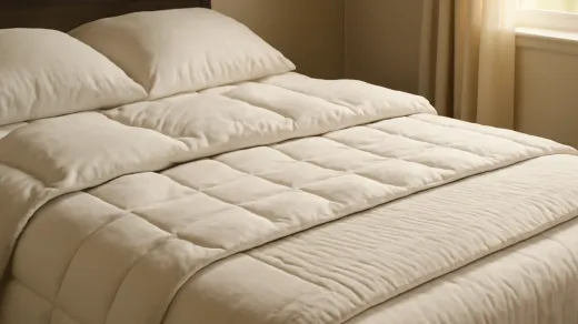 photorealistic bedroom with three folded white bedding layers showing a lofty duvet insert, a stitched comforter, and a thin channel-quilted coverlet