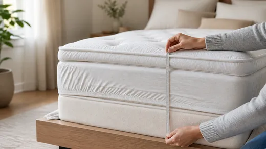 A person measures the full height of a thick white mattress, topper, and fitted-sheet edge with a tape measure in a bright bedroom.