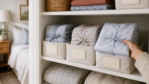 A hand pulls a folded blue bedding set from a labeled fabric bin on a small linen-closet shelf, beside two other folded sets.