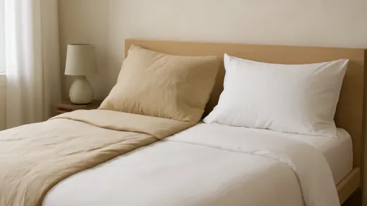 photorealistic airy bedroom with one side of a bed made in natural flax linen and the other in crisp white cotton percale, with no text or logos