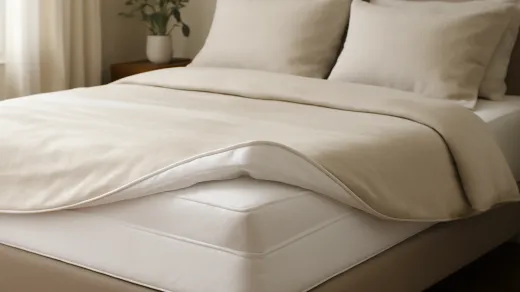 photorealistic neatly made bed with a white zippered six-sided mattress encasement partially visible beneath a fitted mattress protector