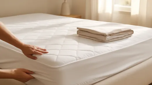 photorealistic bright bedroom with hands smoothing a white quilted mattress protector over a mattress, folded light linens, bedside lamp, and sheer curtains