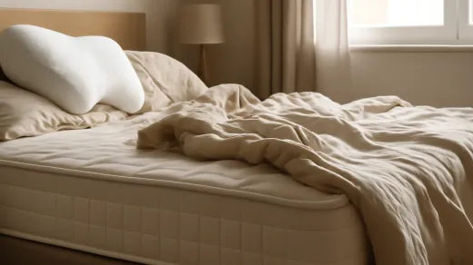photorealistic bedroom scene with a quilted mattress side panel, contoured pillow, beige bedding, bedside lamp, and window light