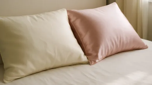 ivory silk and blush satin pillowcases with different fabric sheen and envelope closures on a cream bed in soft morning light