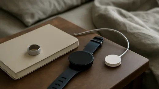 photorealistic bedside table with an unbranded smart ring, fitness watch, charging puck, notebook, and muted bedding
