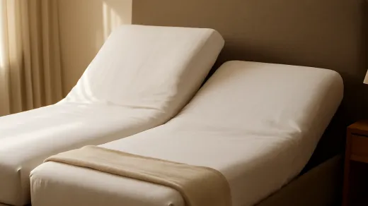 photorealistic split king adjustable bed with two separately fitted mattress halves raised to different head angles and one folded top sheet at the foot