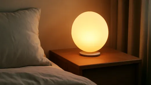 photorealistic nightstand with a glowing spherical sunrise alarm clock beside neutral bedding, pillow, and curtains