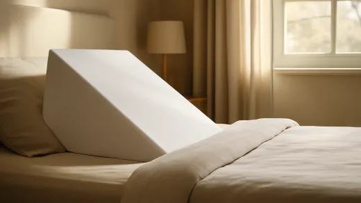 photorealistic bedroom with a broad foam wedge pillow lifting the upper mattress area, white bedding, and a bedside glass of water