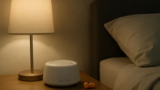 photorealistic nightstand with a compact white noise machine, soft lamp, earplugs, neutral bedding, and no visible labels