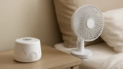 photorealistic nightstand with a small white sound machine, tabletop fan, beige pillows, and cream bedding